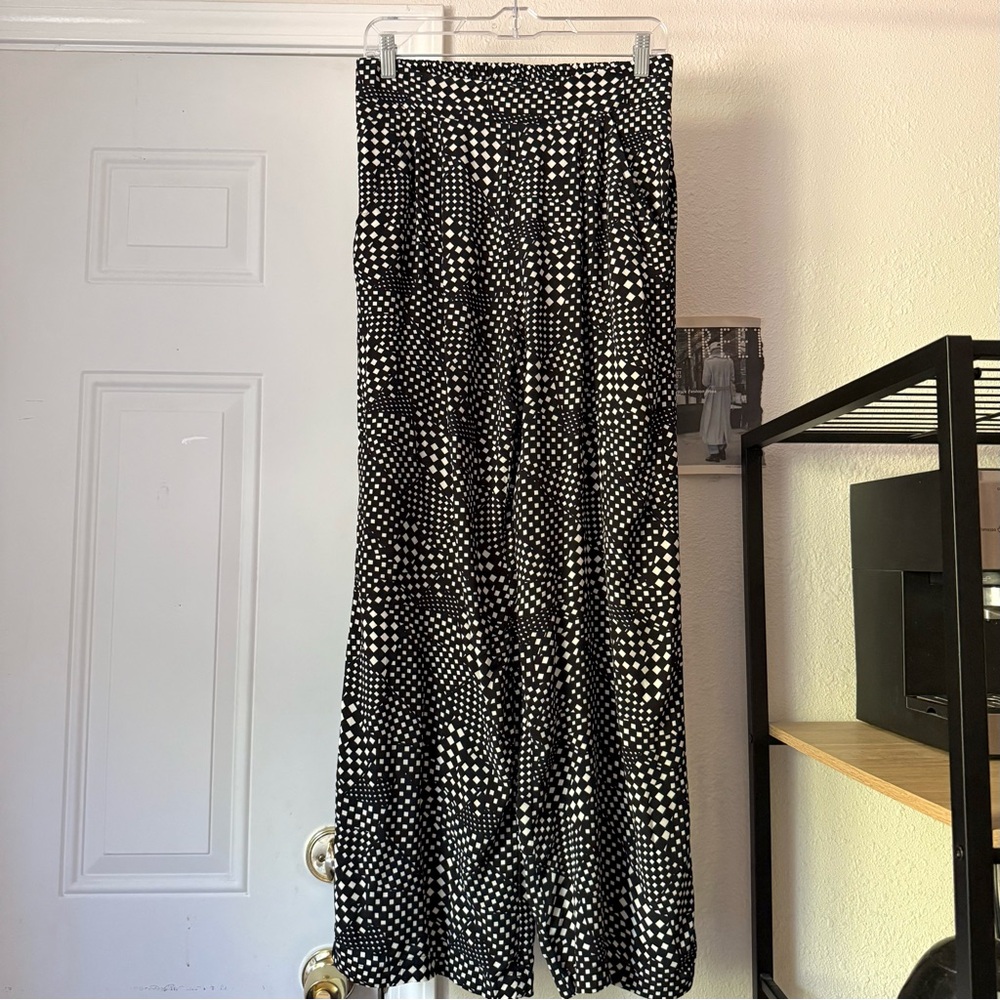 WHIMSY + ROW black and white diamond geo wide leg straight elastic cropped pants